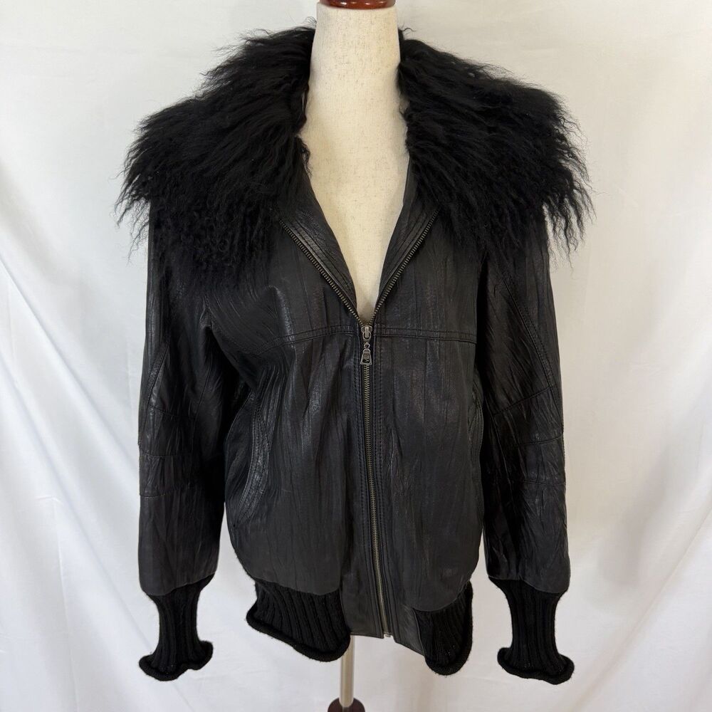 Danier Womens Leather Bomber Black Jacket XL Sheep Fur Collar Vintage 90s Y2K
